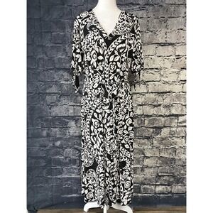 MSK Dress Womens 1X Black White Floral V Neck Tie Sleeve Belted Midi Plus Knit